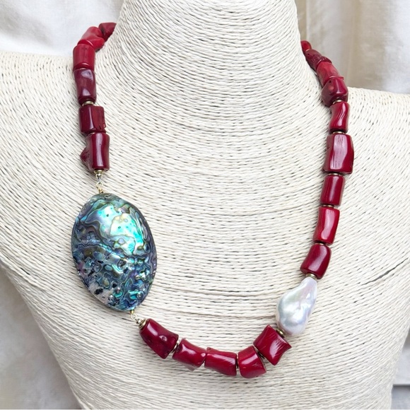 Handmade Coral Abalone Pearl Beaded Statement Necklace - Picture 4 of 8